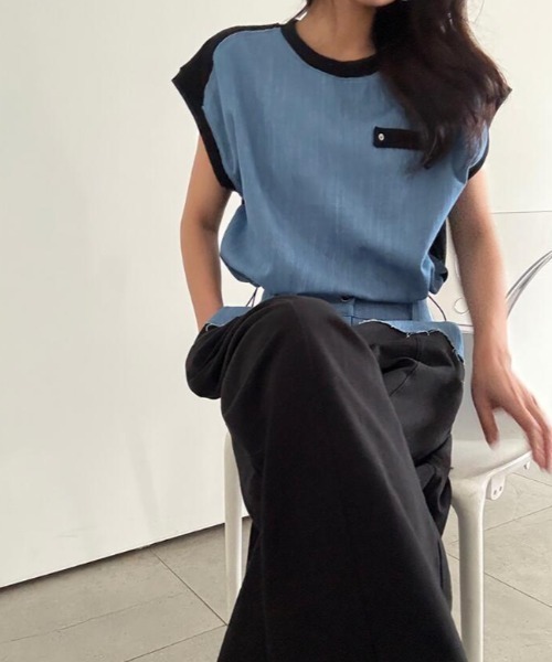 semplice(センプリチェ)の「コンビネーション キャップスリーブトップス × ハイウエストワイドパンツ セットアップ(セットアップ・レディース・ブルー/ブラック・F)」の21枚目の写真