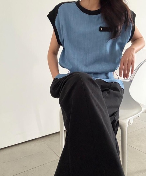 semplice(センプリチェ)の「コンビネーション キャップスリーブトップス × ハイウエストワイドパンツ セットアップ(セットアップ・レディース・ブルー/ブラック・F)」の20枚目の写真