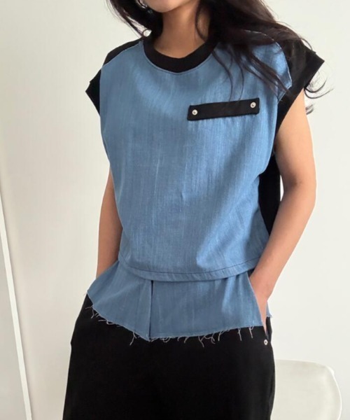 semplice(センプリチェ)の「コンビネーション キャップスリーブトップス × ハイウエストワイドパンツ セットアップ(セットアップ・レディース・ブルー/ブラック・F)」の19枚目の写真