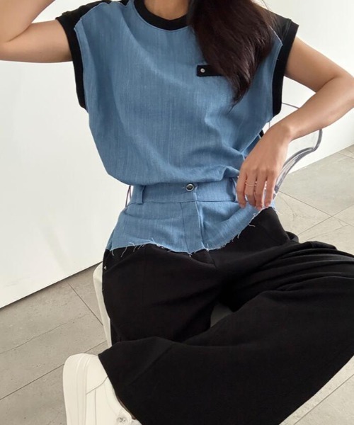 semplice(センプリチェ)の「コンビネーション キャップスリーブトップス × ハイウエストワイドパンツ セットアップ(セットアップ・レディース・ブルー/ブラック・F)」の16枚目の写真