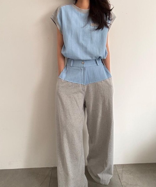 semplice(センプリチェ)の「コンビネーション キャップスリーブトップス × ハイウエストワイドパンツ セットアップ(セットアップ・レディース・ブルー/ブラック・F)」の12枚目の写真