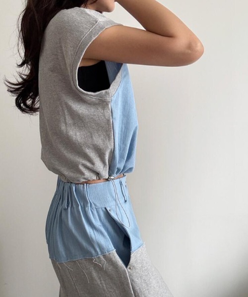 semplice(センプリチェ)の「コンビネーション キャップスリーブトップス × ハイウエストワイドパンツ セットアップ(セットアップ・レディース・ブルー/ブラック・F)」の7枚目の写真