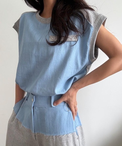 semplice(センプリチェ)の「コンビネーション キャップスリーブトップス × ハイウエストワイドパンツ セットアップ(セットアップ・レディース・ブルー/ブラック・F)」の5枚目の写真
