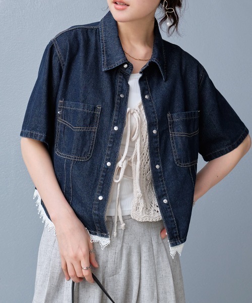 Rejoule(リジュール)の「裾レース ショート丈半袖デニムジャケット(デニムジャケット・レディース・ダークブルー/ライトブルー/ブルー・FREE)」の17枚目の写真