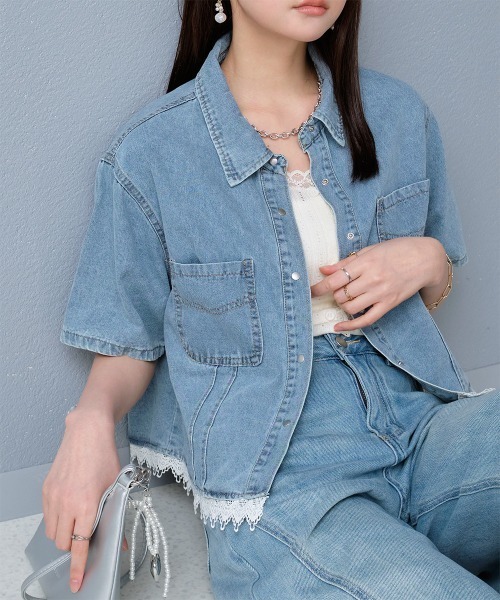 Rejoule(リジュール)の「裾レース ショート丈半袖デニムジャケット(デニムジャケット・レディース・ダークブルー/ライトブルー/ブルー・FREE)」の20枚目の写真