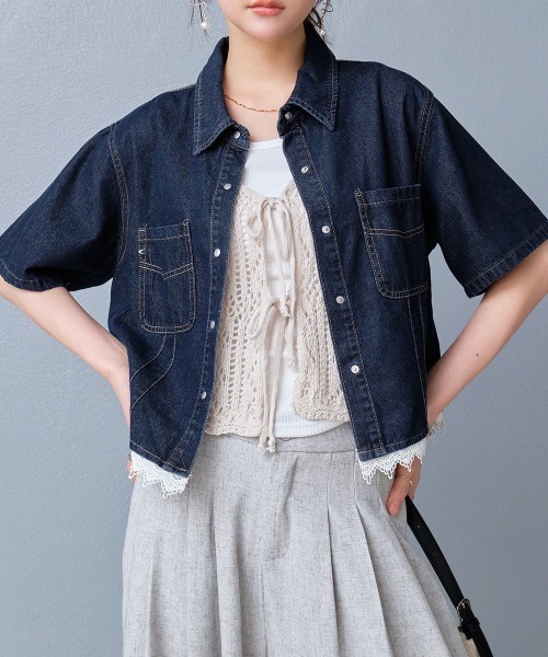 Rejoule(リジュール)の「裾レース ショート丈半袖デニムジャケット(デニムジャケット・レディース・ダークブルー/ライトブルー/ブルー・FREE)」の18枚目の写真