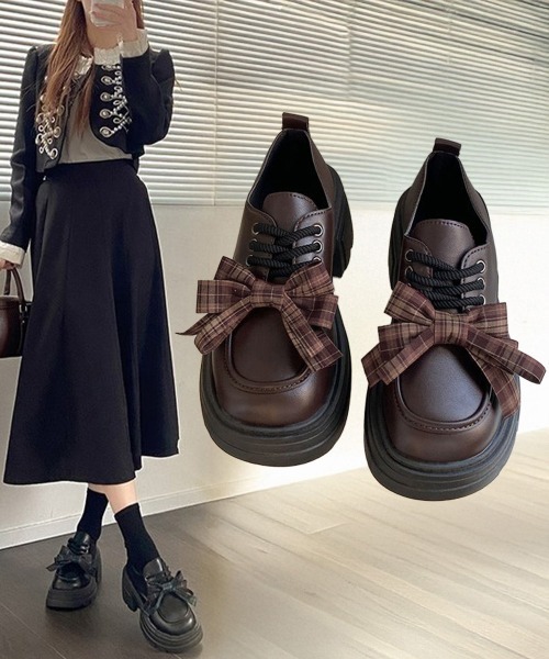 Miniministore(ミニミニストア)の「チェックリボン厚底ローファーレースアップ(ローファー・レディース・ブラック/ブラウン・22.5cm/24.5cm/24.0cm/23.5cm/23.0cm)」の3枚目の写真