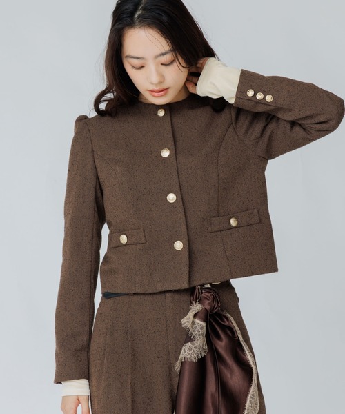 SENEE(セニー)の「tweed balloon long sleeve jacket(ツイードバルーンロングスリーブジャケット)(ノーカラージャケット・レディース・ブラック/ブラウン・SMALL/MEDIUM)」の1枚目の写真