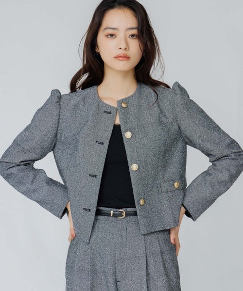 SENEE(セニー)の「tweed balloon long sleeve jacket(ツイードバルーンロングスリーブジャケット)(ノーカラージャケット・レディース・ブラック/ブラウン・SMALL/MEDIUM)」の5枚目の写真