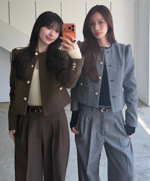 SENEE(セニー)の「tweed balloon long sleeve jacket(ツイードバルーンロングスリーブジャケット)(ノーカラージャケット・レディース・ブラック/ブラウン・SMALL/MEDIUM)」の10枚目の写真