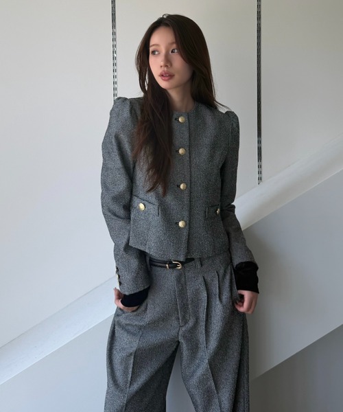 SENEE(セニー)の「tweed balloon long sleeve jacket(ツイードバルーンロングスリーブジャケット)(ノーカラージャケット・レディース・ブラック/ブラウン・SMALL/MEDIUM)」の15枚目の写真