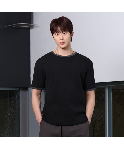 HYOJI(ヒョージ)の「26 SS セミクロップワッフルリンガー半袖Tシャツ(2カラー)(Tシャツ/カットソー・メンズ・ブラック/チャコール・L/M)」の1枚目の写真