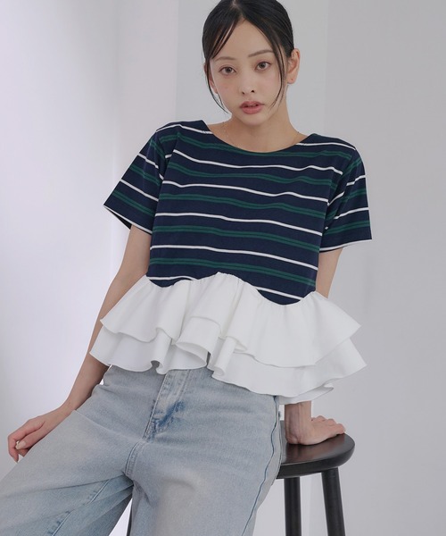 SOELA(ソエラ)の「【INGNI SOELA】ペプラムマルチボーダーTシャツ/WEB限定(Tシャツ/カットソー・レディース・オートミール/ネイビー・FREE)」の1枚目の写真