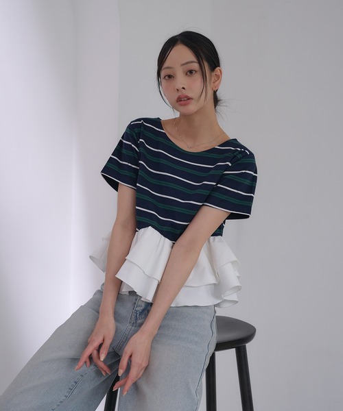 SOELA(ソエラ)の「【INGNI SOELA】ペプラムマルチボーダーTシャツ/WEB限定(Tシャツ/カットソー・レディース・オートミール/ネイビー・FREE)」の10枚目の写真