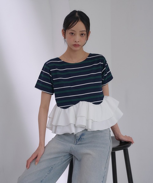 SOELA(ソエラ)の「【INGNI SOELA】ペプラムマルチボーダーTシャツ/WEB限定(Tシャツ/カットソー・レディース・オートミール/ネイビー・FREE)」の11枚目の写真