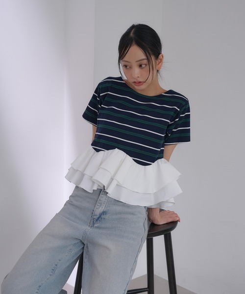 SOELA(ソエラ)の「【INGNI SOELA】ペプラムマルチボーダーTシャツ/WEB限定(Tシャツ/カットソー・レディース・オートミール/ネイビー・FREE)」の12枚目の写真