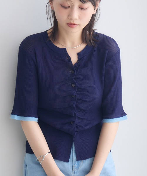 RETRO GIRL(レトロガール)の「ギャザーシアーニットカーデ(Tシャツ/カットソー・レディース・オフホワイト/ブルー/レッド・FREE)」の1枚目の写真