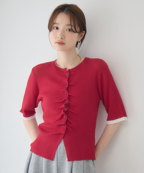 RETRO GIRL(レトロガール)の「ギャザーシアーニットカーデ(Tシャツ/カットソー・レディース・オフホワイト/ブルー/レッド・FREE)」の4枚目の写真