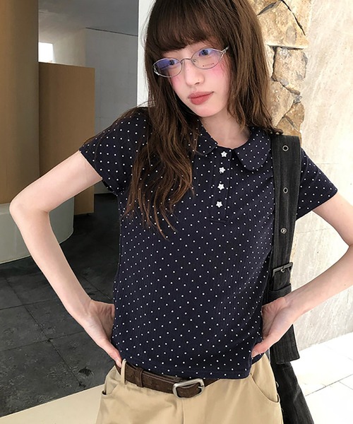 LAFFMO(ラフモ)の「ドット柄ポロカットソー(ポロシャツ・レディース・ネイビー/ホワイト・F)」の1枚目の写真
