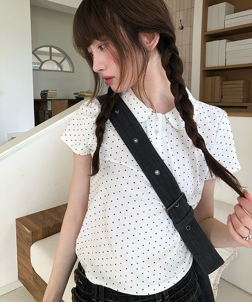 LAFFMO(ラフモ)の「ドット柄ポロカットソー(ポロシャツ・レディース・ネイビー/ホワイト・F)」の8枚目の写真