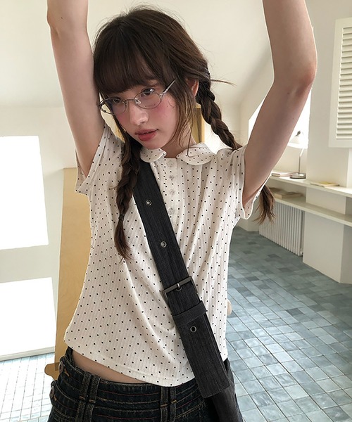 LAFFMO(ラフモ)の「ドット柄ポロカットソー(ポロシャツ・レディース・ネイビー/ホワイト・F)」の10枚目の写真