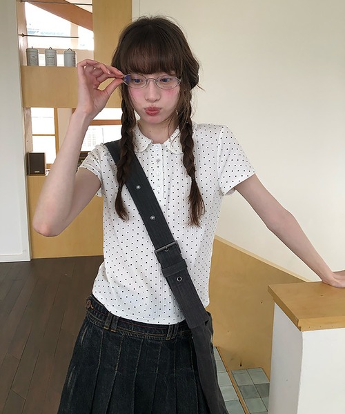 LAFFMO(ラフモ)の「ドット柄ポロカットソー(ポロシャツ・レディース・ネイビー/ホワイト・F)」の11枚目の写真