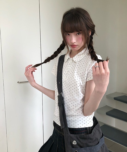 LAFFMO(ラフモ)の「ドット柄ポロカットソー(ポロシャツ・レディース・ネイビー/ホワイト・F)」の16枚目の写真