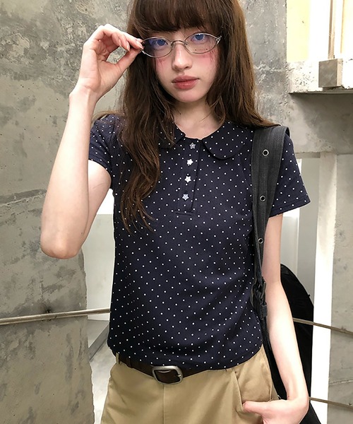 LAFFMO(ラフモ)の「ドット柄ポロカットソー(ポロシャツ・レディース・ネイビー/ホワイト・F)」の5枚目の写真