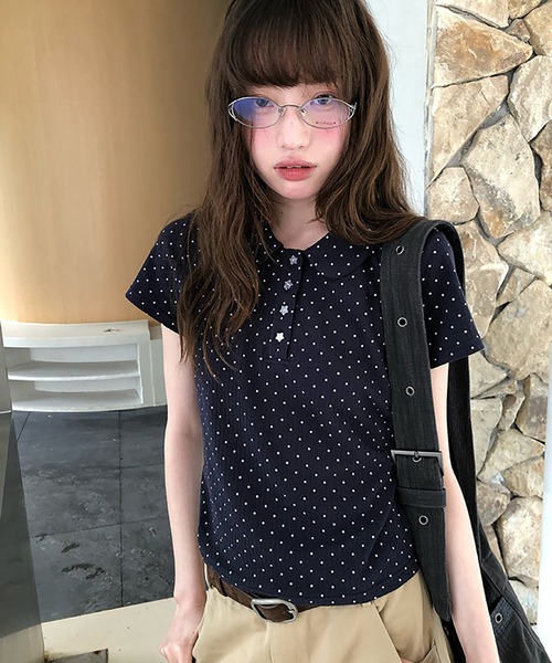 LAFFMO(ラフモ)の「ドット柄ポロカットソー(ポロシャツ・レディース・ネイビー/ホワイト・F)」の3枚目の写真