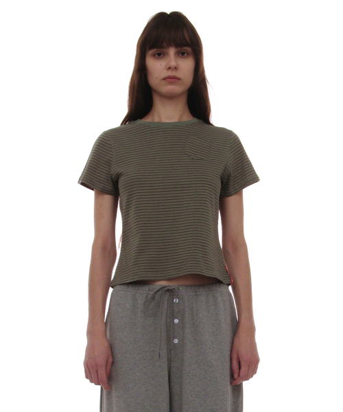 PARTIMENTO WOMEN(パルティメントウィメン)の「PWC ポケットストライプレギュラーT_カーキ(Tシャツ/カットソー・レディース・その他・SMALL/MEDIUM)」の1枚目の写真