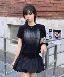 ウィメンズクロップブラシフェイディングハーフスリーブTシャツ(ブラック)