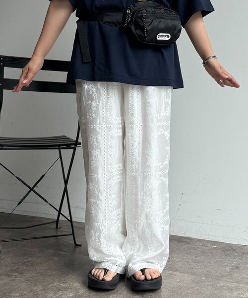CPCM（シーピーシーエム）の「【セットアップ着用可】パッチワーク刺繍シアーパンツ（その他パンツ・レディース・オフホワイト/ブラック/ブラウン・FREE）」の4枚目の写真