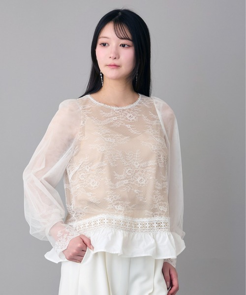 Ranerrh(ラネリ)の「レースmixシアーブラウス【結婚式・二次会・パーティー】【入卒園・入卒式】【オケージョン・セレモニー】【パンツスタイルウエディング】(シャツ/ブラウス・レディース・オフホワイト/ブラック・38)」の2枚目の写真