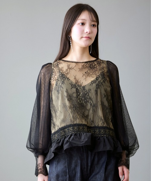 Ranerrh(ラネリ)の「レースmixシアーブラウス【結婚式・二次会・パーティー】【入卒園・入卒式】【オケージョン・セレモニー】【パンツスタイルウエディング】(シャツ/ブラウス・レディース・オフホワイト/ブラック・38)」の1枚目の写真
