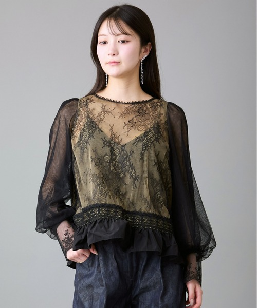 Ranerrh(ラネリ)の「レースmixシアーブラウス【結婚式・二次会・パーティー】【入卒園・入卒式】【オケージョン・セレモニー】【パンツスタイルウエディング】(シャツ/ブラウス・レディース・オフホワイト/ブラック・38)」の4枚目の写真