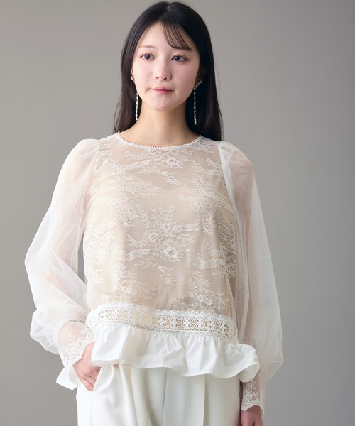 Ranerrh(ラネリ)の「レースmixシアーブラウス【結婚式・二次会・パーティー】【入卒園・入卒式】【オケージョン・セレモニー】【パンツスタイルウエディング】(シャツ/ブラウス・レディース・オフホワイト/ブラック・38)」の9枚目の写真