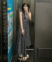 アシンメトリーヘムチェックロングワンピース ノースリーブ