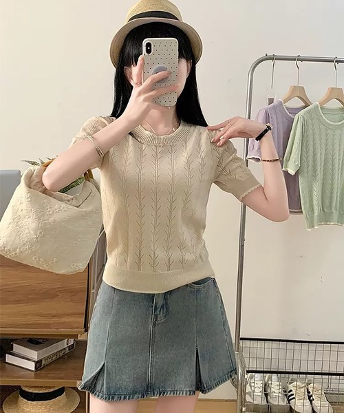 Girly Doll(ガーリードール)の「クルーネック半袖サマーニット(Tシャツ/カットソー・レディース・ベージュ・FREE)」の3枚目の写真
