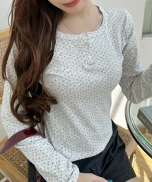 小花柄 ヘンリーネック コンパクト カットソー