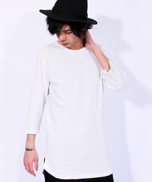 ８(eight)（エイト）の「ロング丈 7分袖Tシャツ ワッフル生地 サーマル カットソー （Tシャツ/カットソー・メンズ・ホワイト/ブラック/グレー/ネイビー・X-LARGE/LARGE/MEDIUM/SMALL）」の2枚目の写真