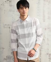 ARCADE | ワッフル素材 綿麻 リネン七分袖シャツ (無地 ストライプ ボーダー チェック シャツ)(シャツ/ブラウス)