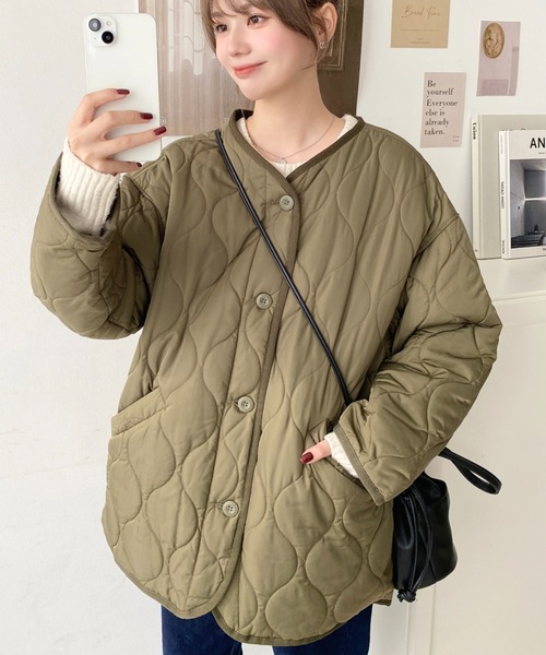 キルティングロンパース　②モカM1点、L1点　④ピスタチオM1点、L1点、計４点 forksy.】キルティングパイピング配色ロングコート forksy