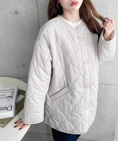 絹と麻の中綿キルティングノーカラージャケット ホワイト系 絹と麻の