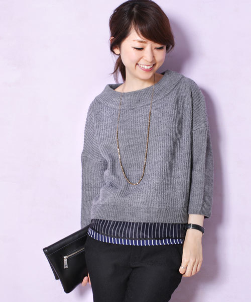 NANO universe（ナノユニバース）の「裾ストライプニットプルオーバー（ニット/セーター・レディース・ブラック/グレー/ボルドー・FREE）」の2枚目の写真