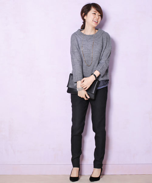 NANO universe（ナノユニバース）の「裾ストライプニットプルオーバー（ニット/セーター・レディース・ブラック/グレー/ボルドー・FREE）」の11枚目の写真