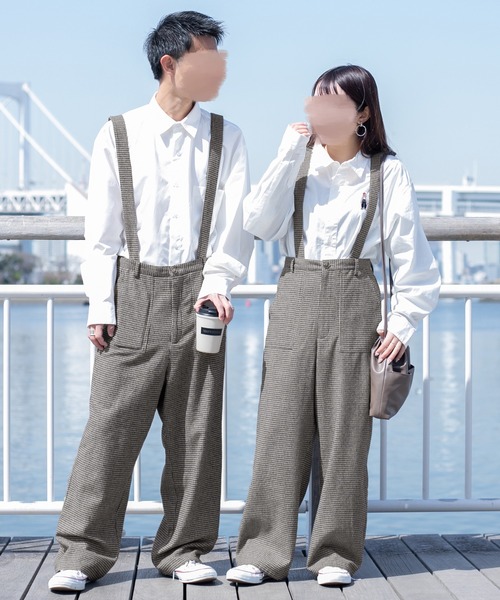 セール】サス付きチェックワイドパンツ/サスペンダー付き(ユニセックス