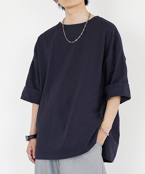 MinoriTY】ヘビーウエイトコットンボートネック5分袖Tシャツ 半袖T