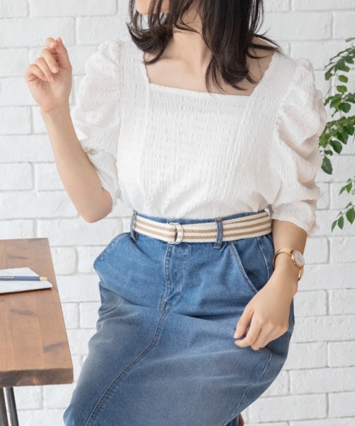 Mysa&Liina（ミーサリーナ）の「スクエアネックジャガードトップス（Tシャツ/カットソー・レディース・アイボリー/オフホワイト/ブラック・M）」の2枚目の写真