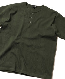 MEN'S BIGI | 12Gニット/アイレットストライプ天竺 ヘンリーネックニット(Tシャツ/カットソー)