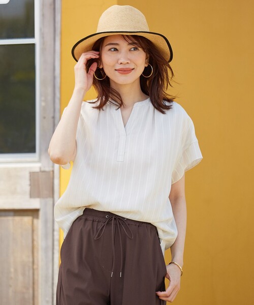 J.PRESS(ジェイプレス)の「シアーチェック&ストライプ カットソー(Tシャツ/カットソー・レディース・ホワイト系1/ベージュ系1/ネイビー系4/ダークブラウン系4・T13/T15)」の3枚目の写真